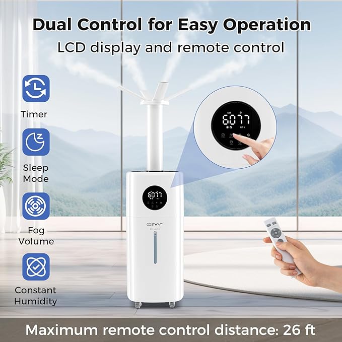 COSTWAY 21L/5Gal Humidifier for Large Room, Top Fill Whole House Humidifier, 3 Mist Levels, Extension Tube, 360° Nozzles & Remote Control for Bedroom, Plants - Image 8