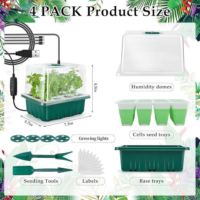 Seed Starter Tray with Grow Light, 48 Cells Indoor Seed Starter Kit, Flexible Silicone Seedling Starter Trays, Germination Tray Kit with Humidity Dome & Lids(4in Height), Reusable & Dishwasher Safe - Image 6