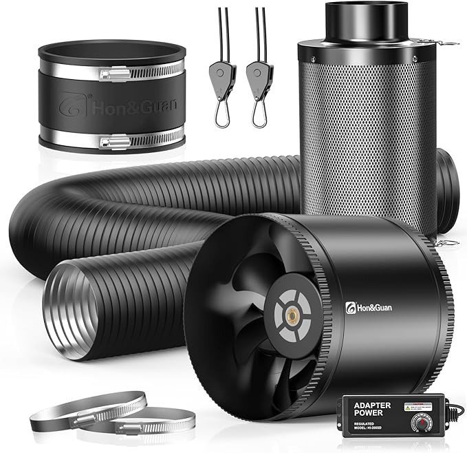 Hon&Guan 8" Air Filtration Kit: 8 Inch Inline Duct Fan with Speed Controller, 16" High Carbon Filter, 16 Ft Ducting & Rubber Coupler, Ventilation System for Grow Tents, Indoor Gardening, Hydroponics by HonGuan