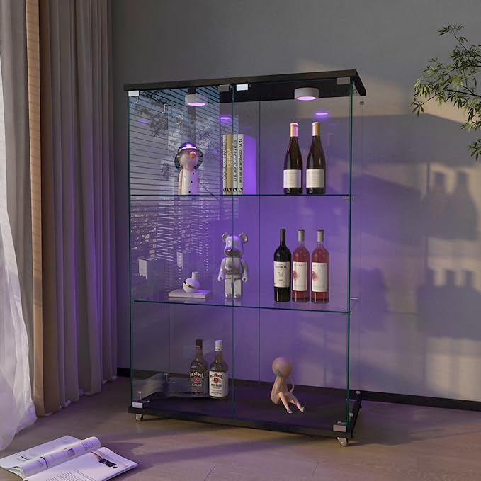 Yoluckea 3-Shelf Glass Display Cabinet with LED Lights, 2-Door Floor Standing Curio Cabinet with Universal Wheel for Home or Office, Black Glass Bookshelf for Collections, Decor, and Corner Display - Image 7
