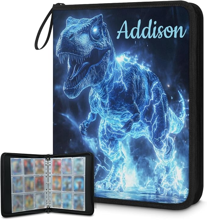 Custom Dinosaur Card Binder, 9-Pocket Trading Card Binder, Personalized Card Holder Fits 900 Cards with 50 Sleeves, Storage Album Case for TCG, MTG, Sports Cards by Joyousleap