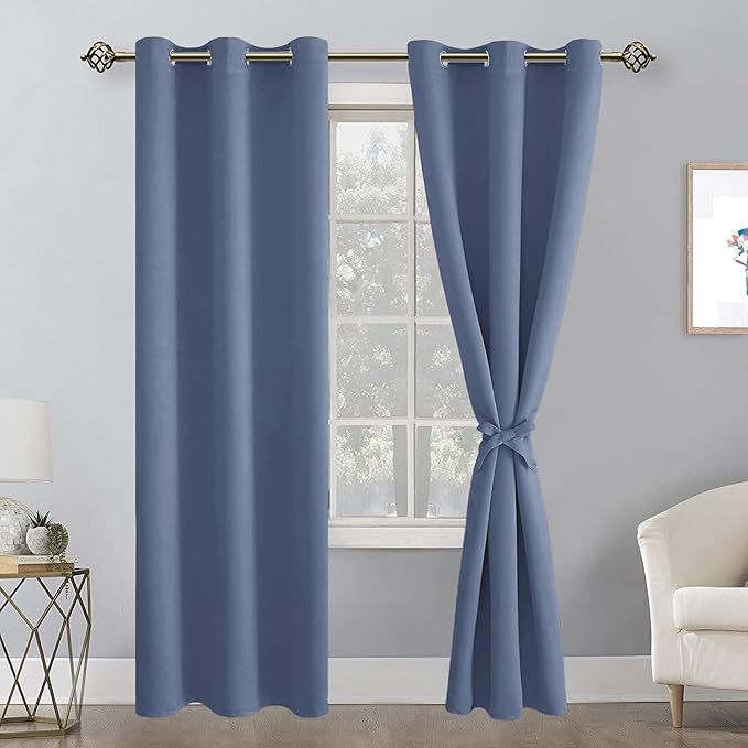 Hiasan Blackout Curtains for Bedroom, 42 x 84 Inches Long - Thermal Insulated & Light Blocking Window Curtains for Living Room, 2 Drape Panels Sewn with Tiebacks, Blue Haze - Image 2