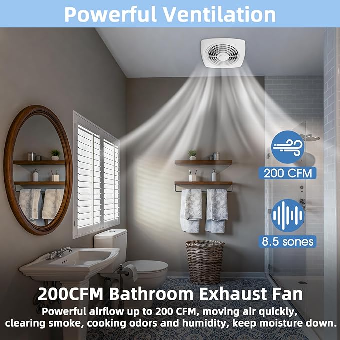 8 Inch Bathroom Exhaust Fan Ceiling Mount 200 CFM 8.5 Sones Kitchen Exhausts Fans,505 Exhaust Fan for Broan-NuTone,Vertical Discharge Ceiling Ventilation Fan for Bathroom Kitchen Laundry Room Garage - Image 2