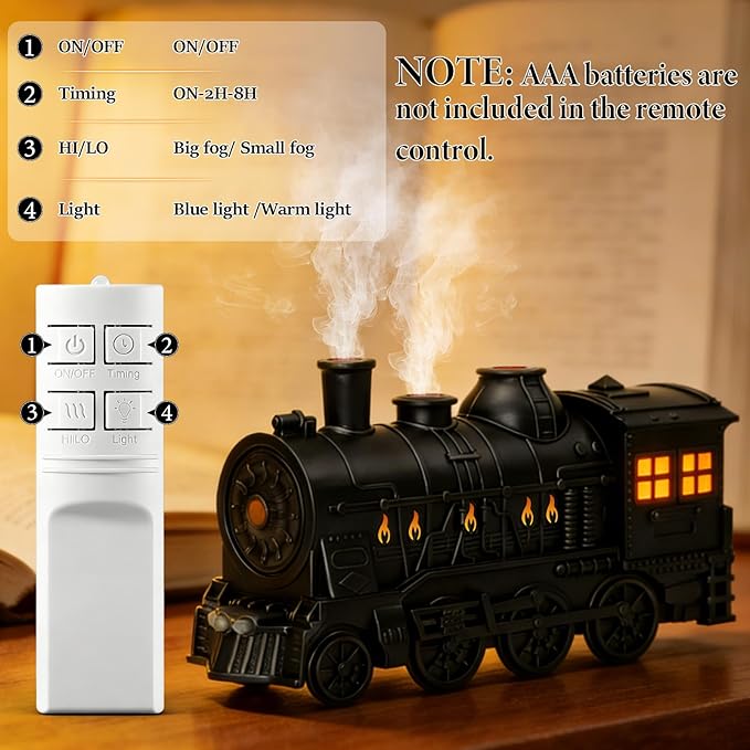 Train Diffuser 300ML Essential Oil Diffuser Cool Mist Humidifier Aroma Diffuser,2 Color Light 2 Mist Modes,3-in-1 Vintage Steam Train Diffuser Humidifier with Remote Control,Home Decor & Gift (Black) - Image 5