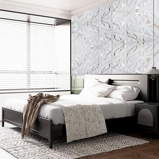Art3dwallpanels 33 Pack 3D Wall Panel Diamond for Interior Wall Décor, PVC Textured Wall Panels, 12''x12'' Cover 32.Sq.Ft. Gold Veined White - Image 4
