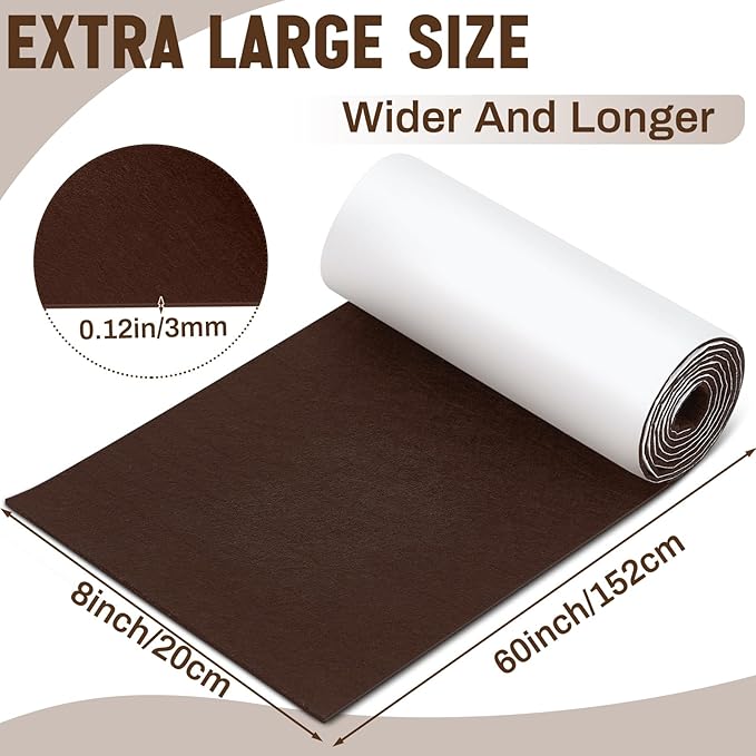 Large Felt Furniture Pads 8 x 60 Inch Non Slip Self Adhesive Heavy Duty Cuttable Strip Roll Felt Sheet Tape for Protecting Hardwood Floors Chair Wall, Brown - Image 2