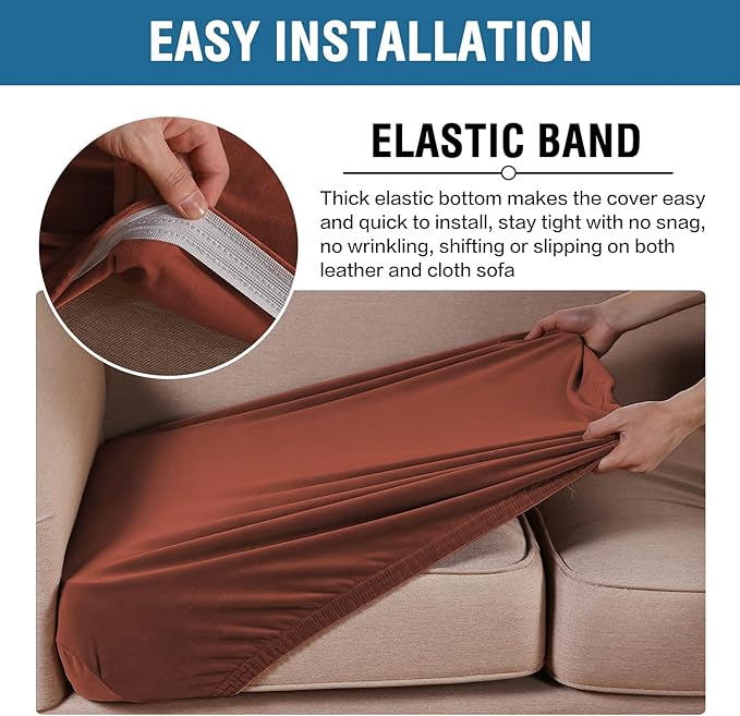 H.VERSAILTEX Velvet Stretch Couch Cushion Cover Plush Cushion Slipcover for Chair Loveseat Sofa Cushion Furniture Protector Seat Cushion Sofa Cover (2 Piece Medium Sofa Cushion Covers, Rust) - Image 4