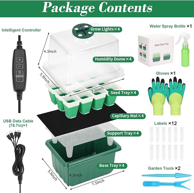 Mckanti 4 Set Self-Watering Seed Starter Tray Kits with Grow Light, Reusable Seed Germination Kit with Adjustable Humidity Domes and Silicone Cell Base Tray for Indoor Plant Seed Germination - Image 2