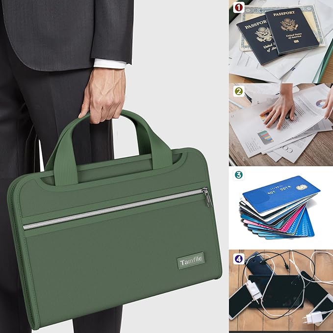 Tamfile Fireproof Accordion File Organizer with Handle, 13 Pocket Expanding File Folder with Zipper & Labels, File Folder with Multi-Pockets Paper Organizer Folder for Letter A4 Files, Green - Image 6