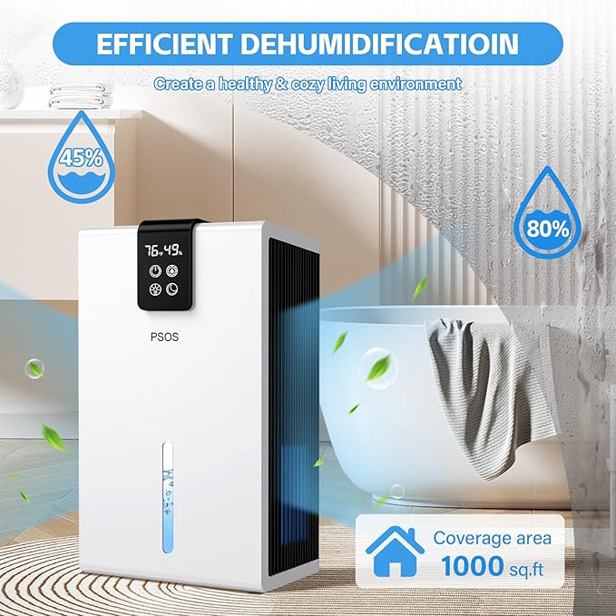 Dehumidifier, Dehumidifiers for Home, 98 OZ Water Tank, (1000 sq.ft) Quiet Dehumidifier for Basement Bathroom Bedroom with Humidity Display, Auto Shut Off, Relaxing 7 Color Ambient Light(White) - Image 3