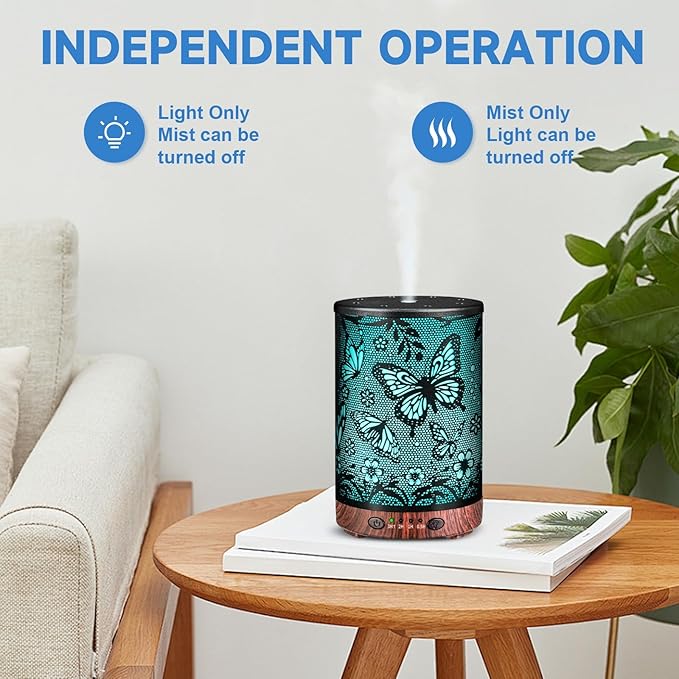 Essential Oil Diffuser 120ML Metal Aromatherapy Diffuser with Timer, Cool Mist Humidifier with Auto Shut-Off & 7 Color Lights for Home Office Spa (Big Butterfly) - Image 6