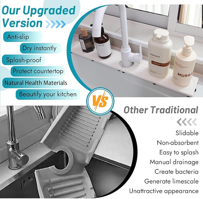 Fast Drying Stone Faucet Mat for Kitchen Sink with Raised Feet, Water Absorbent Diatomite Stone Sink Tray, Faucet Sink Splash Guard, Prevents Moisture Buildup, Durable Protector for Bathroom Counter - Image 6