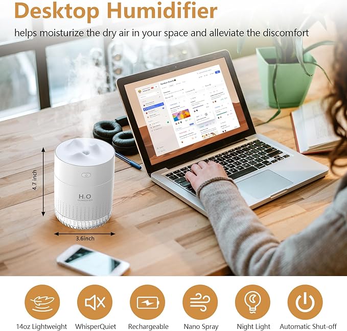 Portable Small Humidifier For Bedroom With Night Light Cool Mist Indoor Mini Small Air Humidifiers For Plants Travel Room Car Desk Office Home Humificador With Usb 2 Spray Mode Super Quiet - Image 5