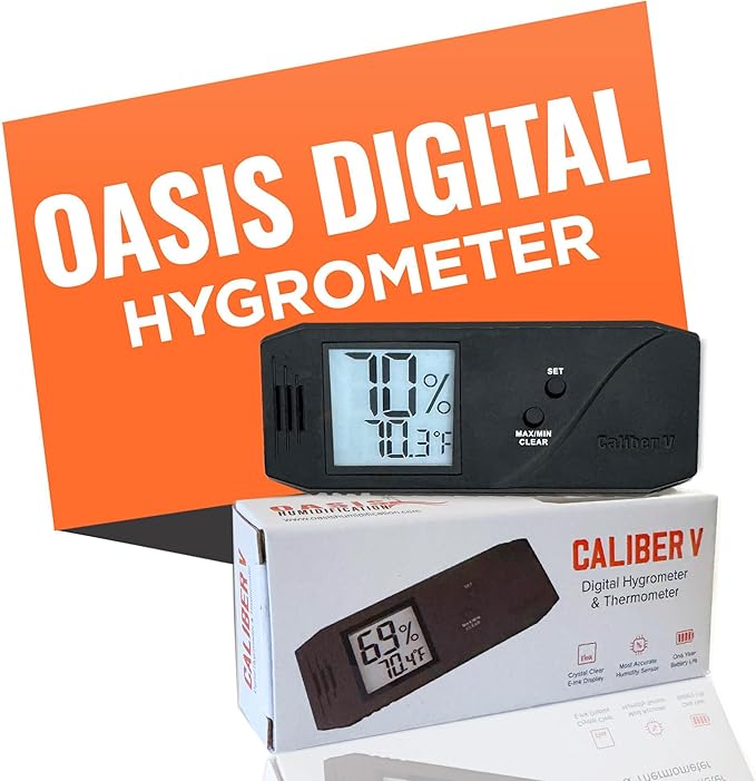 Oasis Caliber V Digital Hygrometer and Thermometer - Slim Hygrometer & Thermometer w/Digital Humidity Sensor Gauge for Precise Readings - Temperature & Humidity Sensor - Black - 4" W x 1" H by CigarOasis