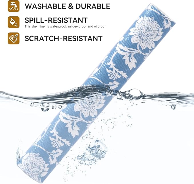 RAY STAR Shelf Liner, Non Adhesive Blue Floral Kitchen Cabinet Liner for Pantry Drawer, Strong Grip Non Slip Waterproof, Shelf Liners for Kitchen Cabinets Cupboard 12 Inch x 10 FT (2 Rolls) - Image 2