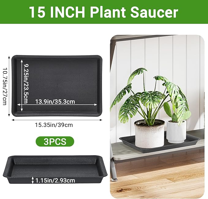 GREANER 3 Packs Plant Saucers Rectangular, 15x11x1.2 Inch Heavy Plastic Plant Saucer Drip Tray, Flower Pot Tray for Indoors Outdoor Plant Pots, Thick Drip Tray for Garden Potted Water Drips and Soil - Image 2