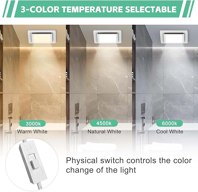 Bathroom Exhaust Fan with Light,11.8 in Panel,12W Square LED,141 CFM,0.7 Sones,110V 45W Quiet Bathroom Ventilation Exhaust Fan for Shower/Restroom/Office/Home (3-Colour LED) - Image 5