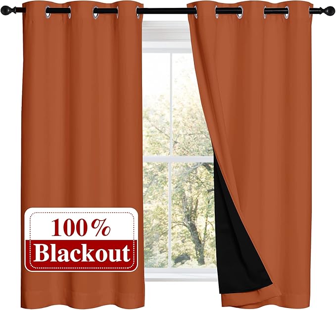 NICETOWN 100% Blackout Curtains 54 inches Long, Double-Deck Completely Blackout Window Treatment Thermal Insulated Lined Drapes for Small Window (Burnt Orange, 1 Pair, 42 inches Width Each Panel) by NICETOWN