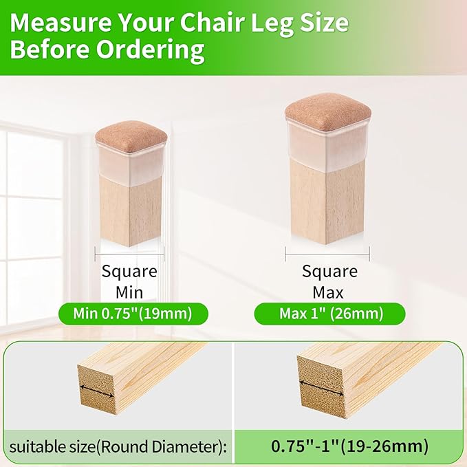16PCS Silicone Chair Leg Caps, Clear Chair Leg Floor Protectors for Hardwood Floors, Square Felt Chair Pads, Barstool Desk Furniture Feet Floor Protectors, Anti-Scratches, Reduce Noise(Fit: 0.75"-1") - Image 5