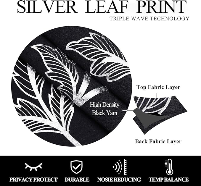BUHUA Blackout Curtain 2 Panel Set Silver Vine Foil Print Thermal Insulated Drapes Room Darkening Curtains Grommet Window Treatment, 66 x 84 Inch, Black - Image 4