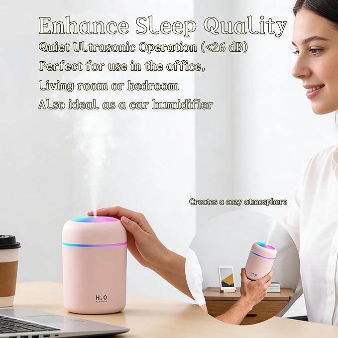 300ml USB Cool Mist Small Humidifier with Colorful Lights,Portable Mini Humidifier, Perfect for Bedroom, Office, Plants, travel & Car, Pink - Image 3