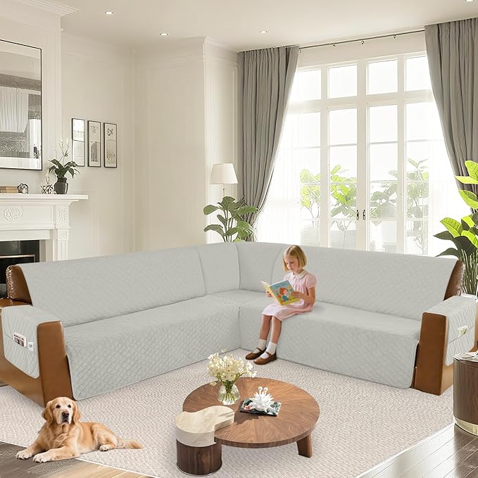 Arfntevss Waterproof Sectional Couch Covers L Shape Washable Velvet Sofa Cover for Sectional Non Slip Large Corner Slipcovers Dog 6 Pcs Universal U Shaped Furniture Protector (Light Gray, XX-Large) - Image 6