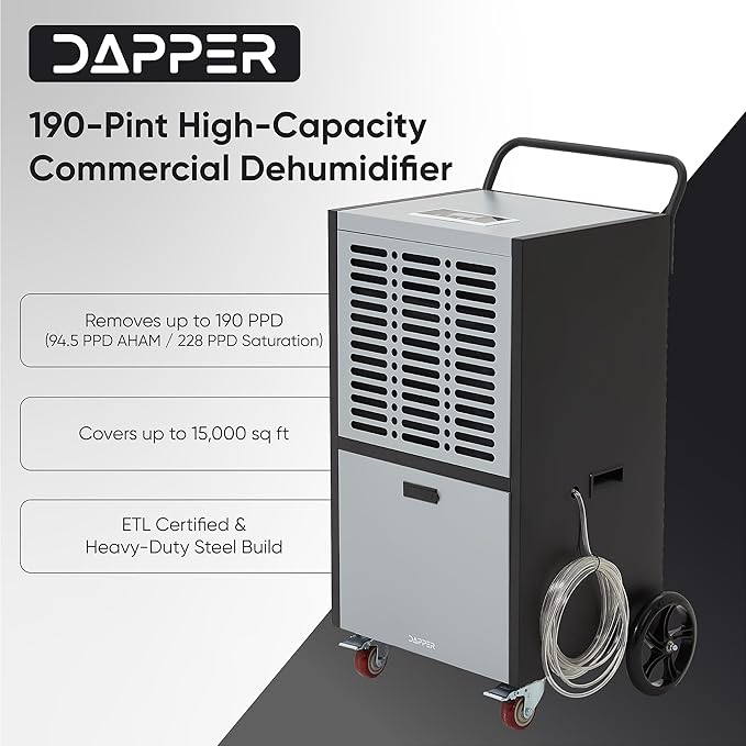 190 Pints Commercial Dehumidifier for Basements & Industrial Spaces – Built-In Pump, Drain Hose, Continuous Operation, 2-Speed Fan, 15000 Sq Ft Coverage - Image 2