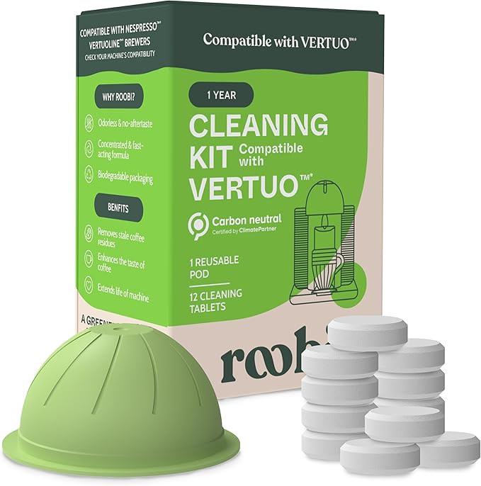 Roobi Cleaning Kit Compatible with Nespresso Vertuoline. Includes 1 Reusable Pod & 12 Cleaning Tablets. Carbon Neutral Vertuoline Cleaner Kit. 1 Year Supply. by Roobi