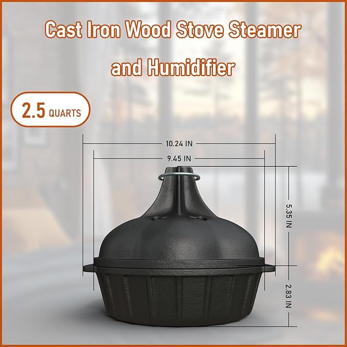 Wood Stove Steamer & Woodstove Steamer Stove Humidifier Cast Iron,2.4 Qt Round Fireplace Humidifier & Simmer Pots with Heart-shaped Vent At The Top Covers (Round-2) - Image 9