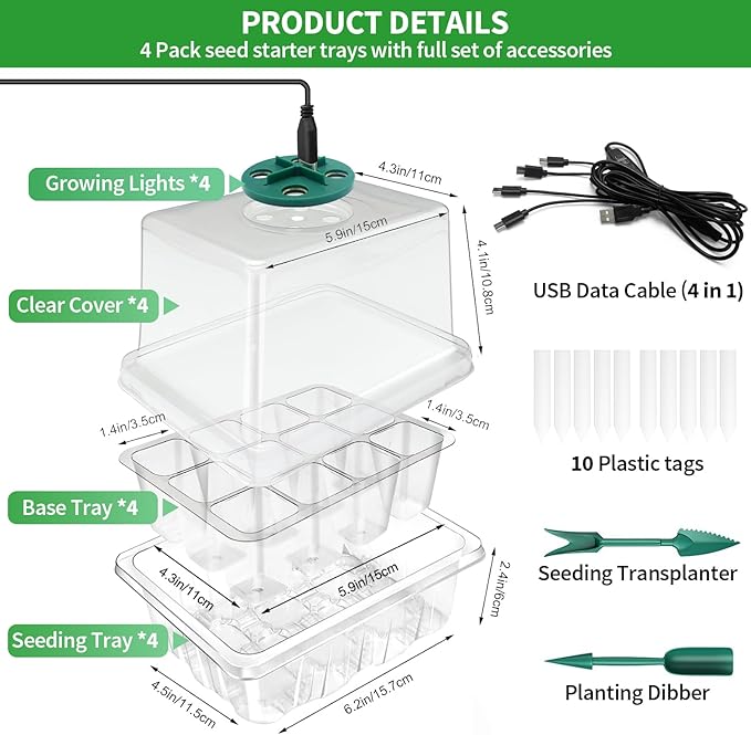 Seed Starter Tray with Plant Light, 2 Pack Grow Lights for Seed Starting Kit with Humidity Domes, Timing Controller Adjustable Brightness for Greenhouse Propagator Station Growing Transparent - Image 4