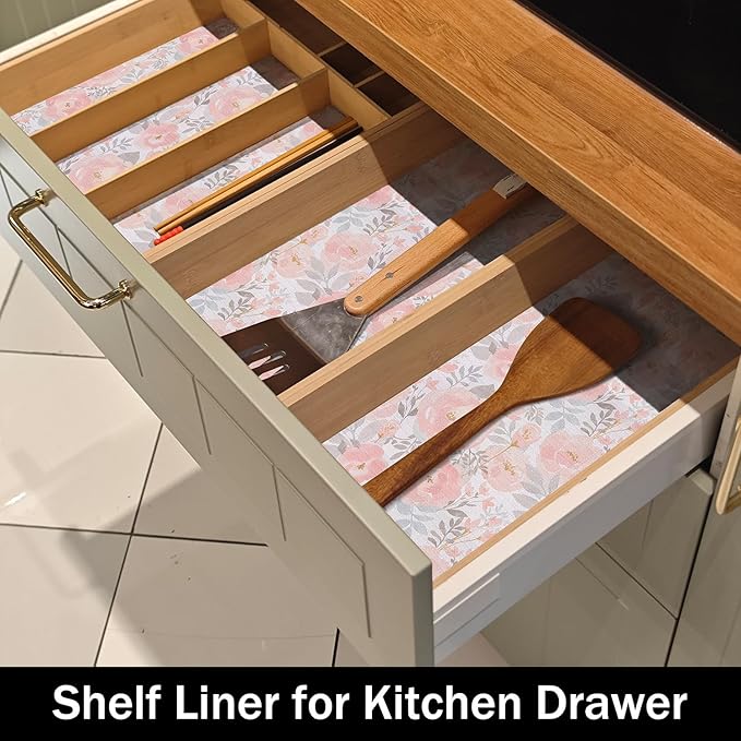 Floral Shelf and Drawer Liner for Kitchen,12IN x 20FT Non-Adhesive and Strong Non-Slip Peony Cabinet Drawer Liners for Kitchen Shelf, Waterproof Cupboard Liners,Easy to Clean - Image 4