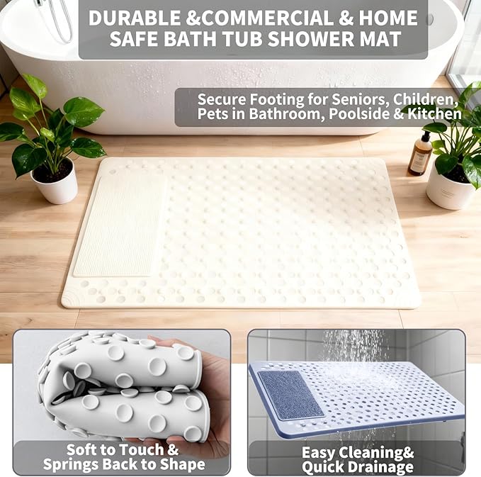 Bath Tub Shower Mat with Soft Shower Foot Scrubber Mat for Massage,Non Slip Bathtub Mat with Strong Suction Cups, Silicone Shower Foot Scrubber Mat (White, 27.5" X 15.7"(Rectangular)) - Image 5