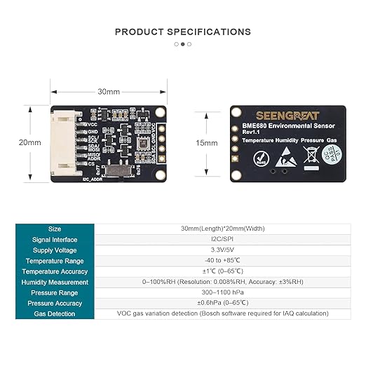 BME680 Environmental Sensor | 4-in-1 Temp Humidity Pressure Gas Detector | I2C/SPI Interface | Compatible with Arduino/Raspberry Pi/ESP32/Pico - Image 6