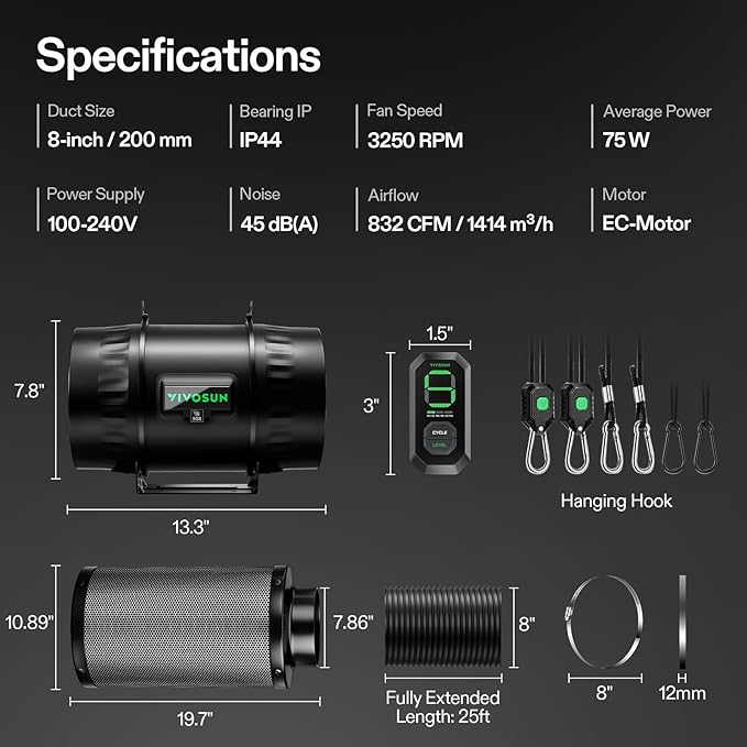 VIVOSUN Smart Air Filtration T8 Kit 8", AeroZesh T8 Inline Duct Fan with E12 Speed Controller, Carbon Filter & 25' Ducting, Cooling & Ventilation System for Grow Tents, Indoor Gardening, Hydroponics - Image 8