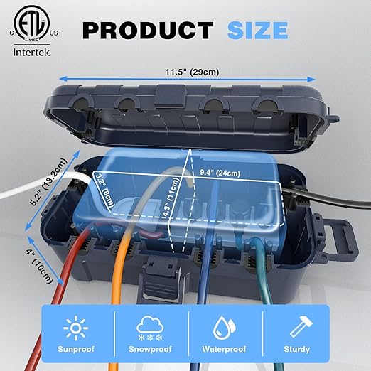 Flemoon [2 Pack] Outdoor Electrical Box Waterproof, Medium Weatherproof Electrical Box (11.5x5.2x4 inch) w/6 Cable Entry Ports, Extension Cord Cover for Power Strip, Timer, Plug, Holiday Light, Gray - Image 3