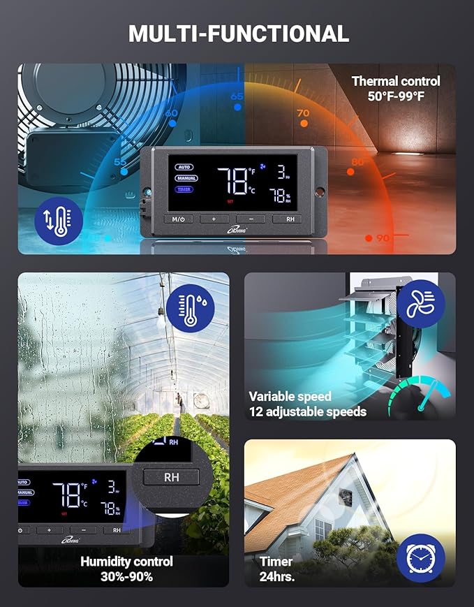 iLIVING 14" Wall Mounted Shutter Exhaust Fan, Automatic Shutter, Temperature and Humidity Controls with Variable Speed, 1200 CFM at 1600 RPM DC Motor - Image 3