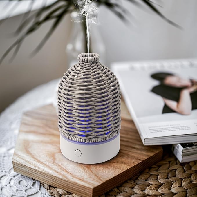 Essential Oil Diffuser - Multifunction Aromatherapy Diffuser 7 LED Color Changing Light 100ML Rattan Diffuser Easy to Clean Suitable for Home,Office (Grey) - Image 6
