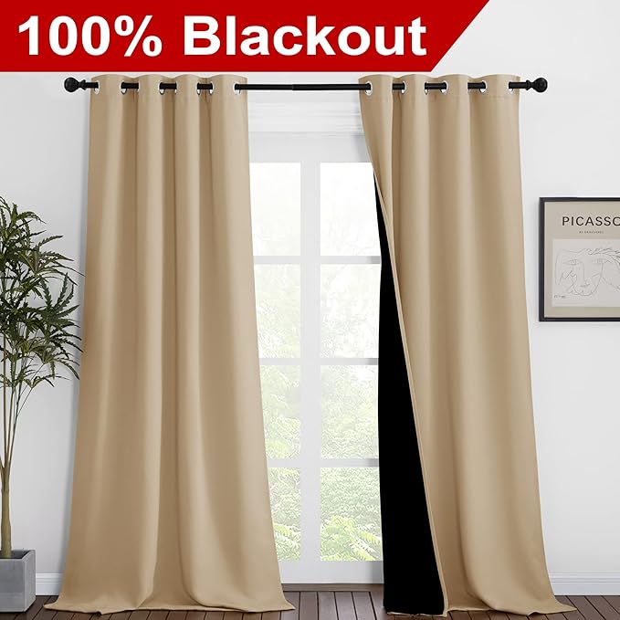 NICETOWN Living Room Completely Shaded Draperies, Privacy Protection & Noise Reducing Black Lined Insulated Window Treatment Curtain Panels for Patio Door (Set of 2 Pcs, W46 x L90, Biscotti Beige) - Image 2