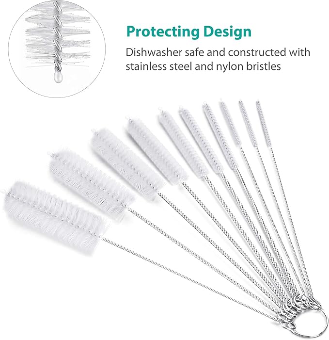 CiaraQ Bottle Cleaning Brushes, 8 Inch Nylon Tube Brush Set, Cleaner for Narrow Neck Bottles Cups with Hook, Set of 10pcs. - Image 4