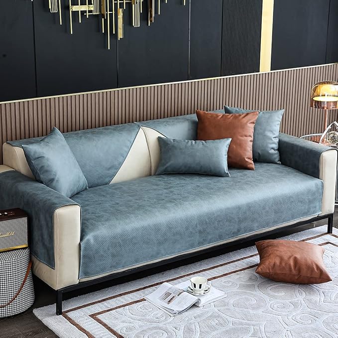 Faux Leather Waterproof Couch Sofa Cover Vintage PU Sectional Couch Cover Non Slip Sofa Slipcover Furniture Protector for Kids Dogs Cats (Blue,28"x70") - Image 3