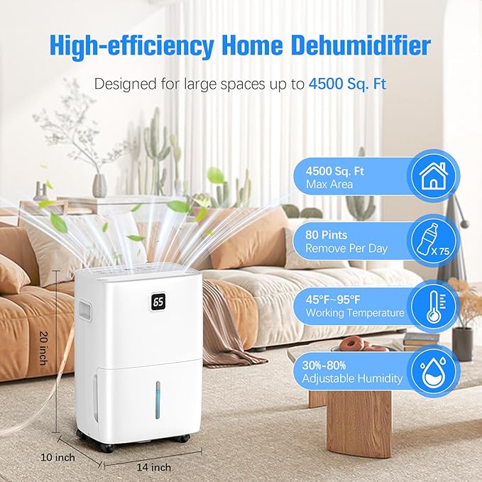 DEVERSE Max 80 Pints Energy Star Dehumidifier for Home/Bedroom/Basement, 5000 Sq.Ft Coverage, with Drain Hose, Smart Humidity Control & Large Tank - Image 2