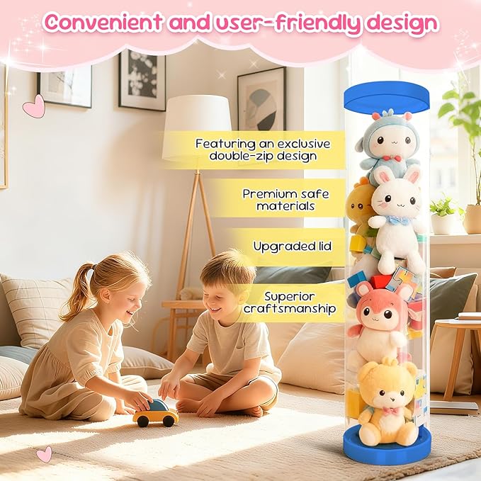 Upgraded Stuffed Animal Storage Tube, 47.24" Tall Stuff Animal Organizer with Double Zipper, PET Transparent Bucket, Space-Saving Animal Zoo Storage for Room (Blue) - Image 4