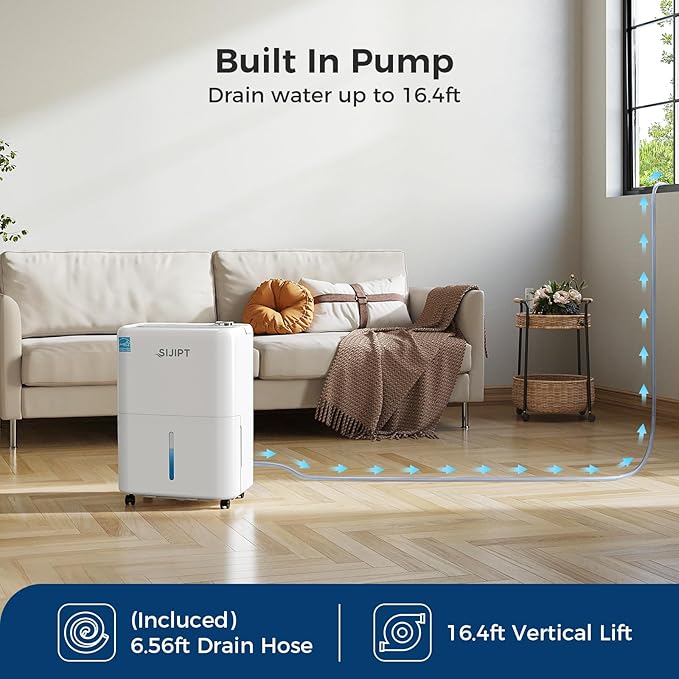 80 Pints Dehumidifier with Pump, Sijipt Energy Star Dehumidifier for Basement Home and Large Room with 6.56 inch Drain Hose, Auto-Shutoff 24H Timer, and Memory Starting - Image 2