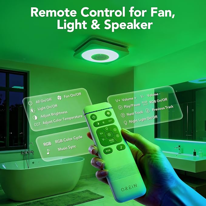 OREiN 3-in-1 Bathroom Exhaust Fan with Bluetooth Speaker & LED Light, 110/160 CFM Quiet Ventilation Fan, 1500LM, 2700K-6500K Adjustable, Night Light, Remote Control, 11.39" x 10.42" Ceiling Cut-Out - Image 8
