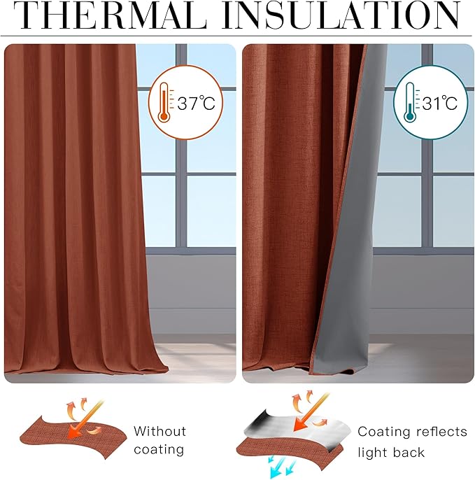 RYB HOME 100% Blackout Linen Textured Curtains 96 inches Long, Insulating Privacy Energy Saving for Bedroom Living Room Window Office Theater Dining Nursery, W 52 x L 96 in, Terracotta, 2 Panels - Image 4