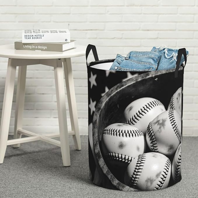 Vintage Baseballs Retro Flag Display Design Round Laundry Hamper Bag - Water-Resistant Oxford Fabric, Handles Small by Unknown
