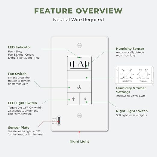 Akicon Humidity Sensor Switch with Motion-Activated Wall Plate, Bathroom Fan Timer Switch for Ventilation, Adjustable Humidity Settings, Fan and Light Control, ETL Listed, White - Image 6