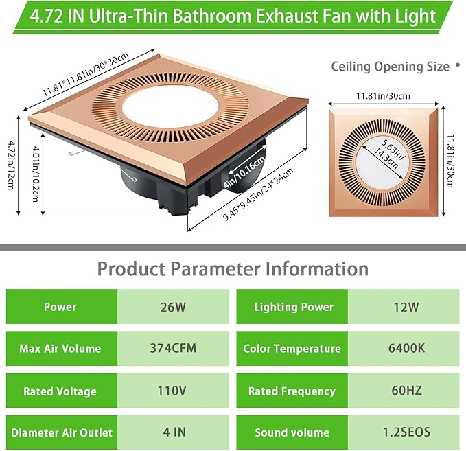 Bathroom Exhaust Fan with LED Light Vent Fans for Ceiling,Ventilation Fan Light Combo 374 CFM 1.2 Sones Quiet for Bathroom Shower Restroom Farmhouse - Image 7
