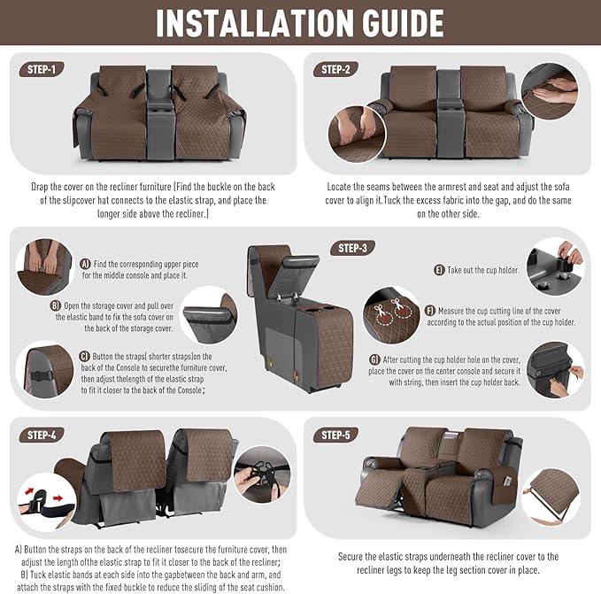 TAOCOCO 100% Waterproof Loveseat Recliner Couch Sofa Covers with Console,Double Reclining Couch Cover Non-Slip Sofa Slipcovers Washable,Furniture Protector Covers for Kids,Pets(2 Seater,Brown) - Image 7