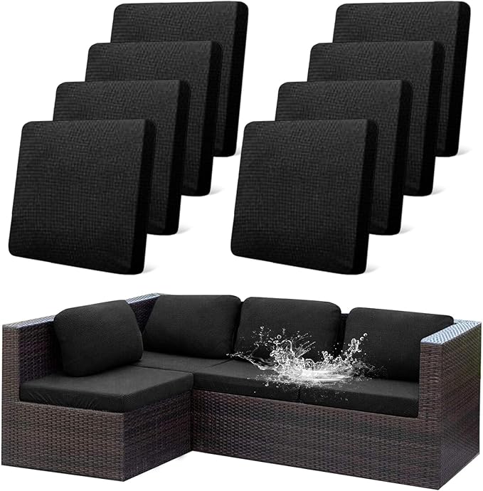8Pcs Outdoor Stretch Cushion Covers,Waterproof Outdoor Chair Cushion Covers for Patio Furniture, Washable Jacquard Couch Covers Replacement for Patio Furniture(Black, Cover Only) by CALBODE